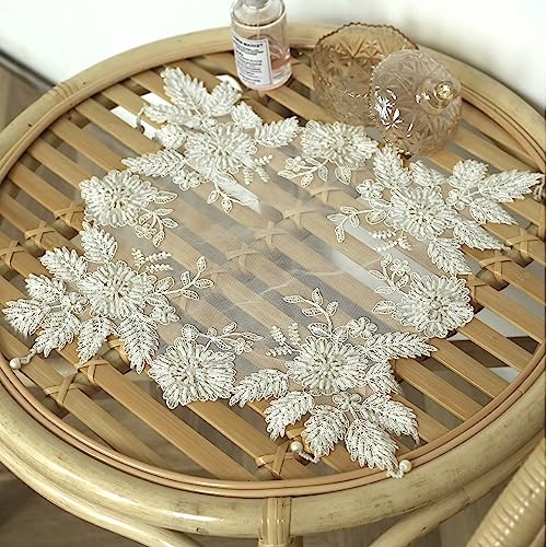 VIRFONOR Beige 23.6x23.6 in Handmade Beaded Lace Doilies (Pack of 4) – Table Mat for Coffee Pot Vase Decor