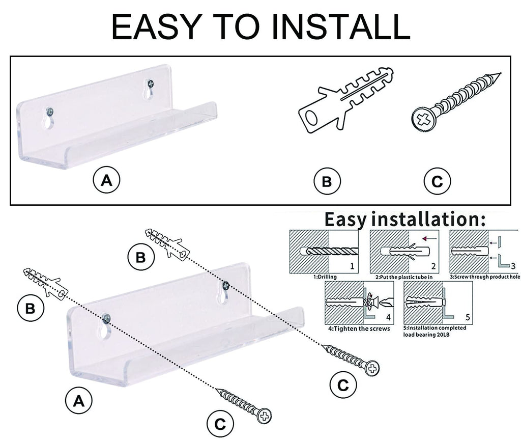 Sooyee 6 Pack 7 Inch Acrylic Invisible Kids Floating Bookshelf for Kids Room,Modern Picture Ledge Display Toy Storage Wall Shelf,Black