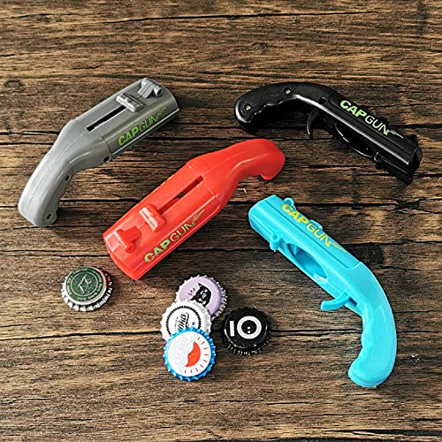 LibereTech Cap Shooting Bottle Opener Gun - Colorful Party Gadget for Men, Blue Red Black Gray