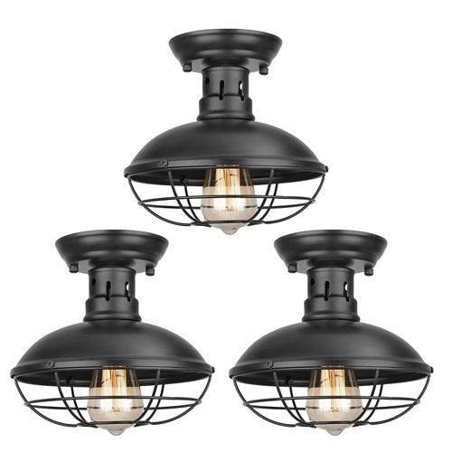 FRIDEKO HOME 3 Pack Flush Mount Ceiling Light Industrial Farmhouse Ceiling Light Fixture Rustic Copper Metal Cage Flush Mount Light Fixture E26 Base for Hallway Foyer Kitchen Porch Black