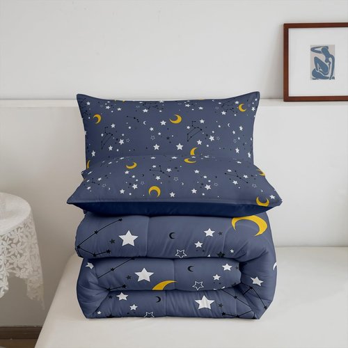 Erosebridal Moon & Stars Bedding Boys Girls 3Pcs Galaxy Full Comforter Set for Kids Toddler Teen, Dreamy Moon Stars Bedding Sets Constellation Space Illustration Duvet Set with 2 Pillowcases