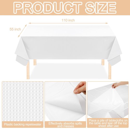 Sinload 25 Pack White Paper Tablecloths for Rectangle Tables 55 x 110 Inch 3 Ply Table Cloths with Plastic Backing Disposable Paper & Plastic Table Cloth for Wedding Birthday Party