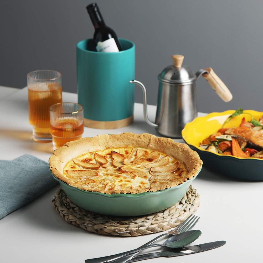 Sweejar Ceramic Pie Pan - 10 Inch Non-Stick Baking Dish with Soft Wave Edge | Green Color for Pies