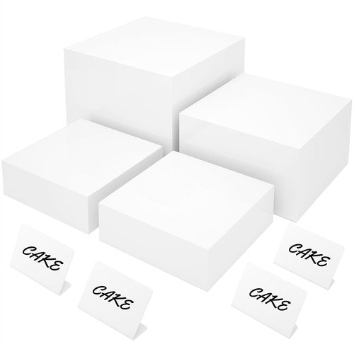 BreeziiDesign 8” White Buffet Risers with Mini Signs – Acrylic Display Box Stands for Party, Catering, Dessert, Cake, and Food Table Setup – Set of 4