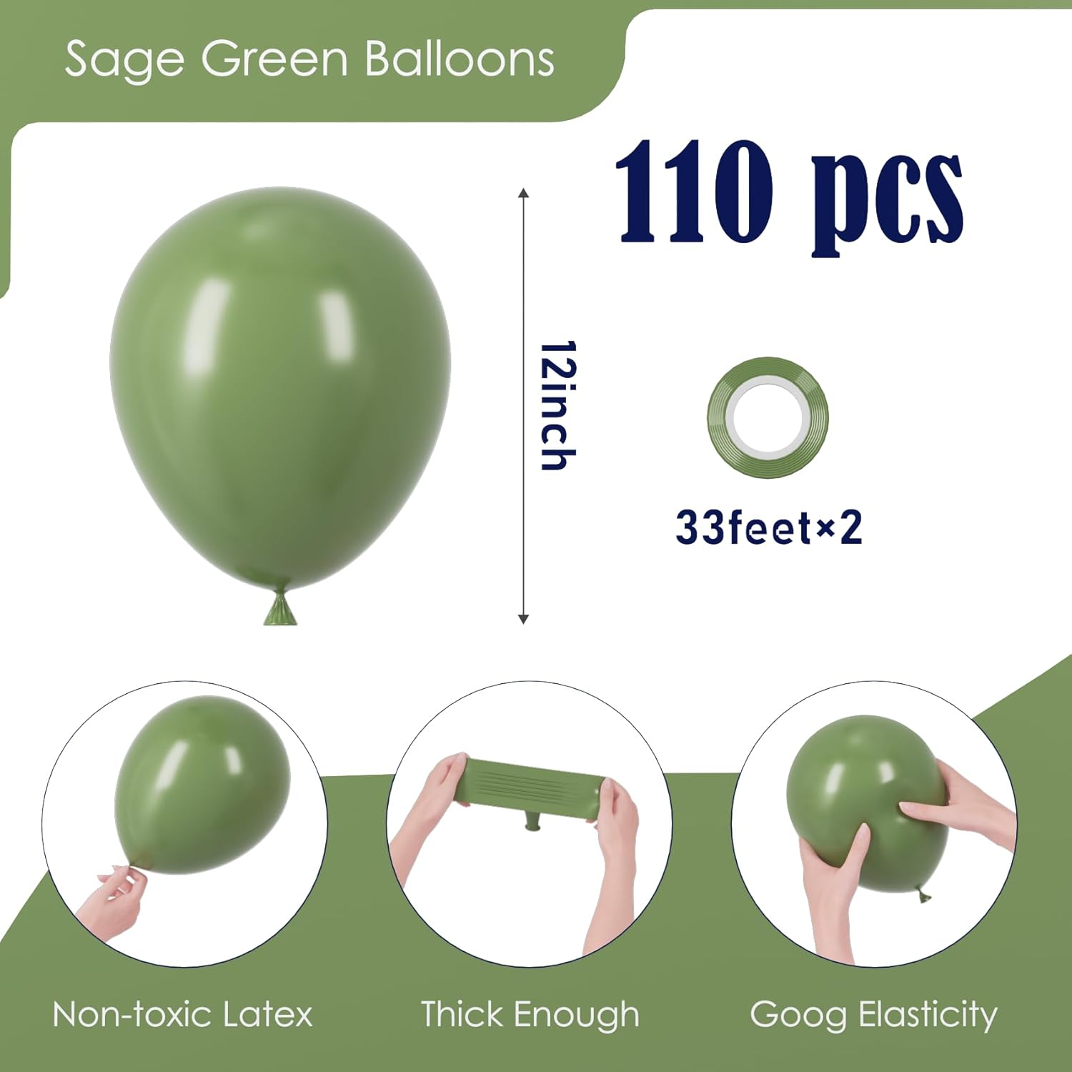Voircoloria 110pcs Sage Green Balloons - 12 Inch Olive Green Latex for Graduation, Weddings & Parties