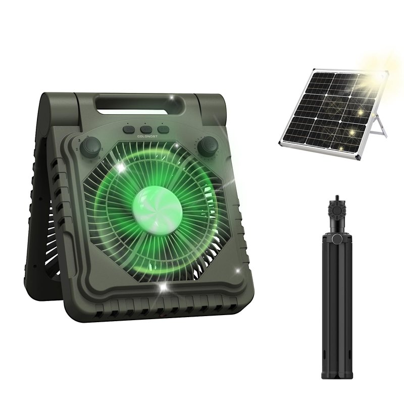 COLONOST Triple-Power Solar Camping Fan 10000mAh Portable Fan/LED Lantern, 3-Speed Settings with Solar Charging & Timer & Bracket - Compact Cooling for Outdoor/Tent/Workspaces (Green)