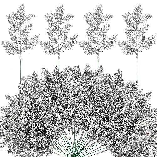Watayo 45 Pcs Silver Glitter Artificial Pine Needles for Christmas Decorations