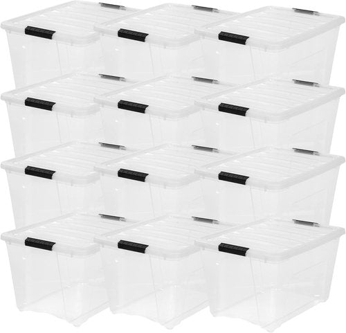 IRIS USA 54 Qt Stackable Plastic Storage Bins - BPA-Free, Durable Lids, 12 Pack - Clear Organizing Solution