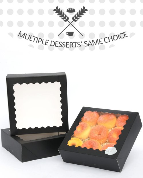 qiqee Auto-pop up Black Bakery Boxes 50 Packs Pastry Box 8x8x2.5 inch Pie Boxes With Window