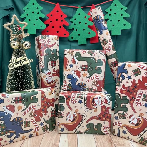 Dinosaur Christmas Wrapping Paper 8 Sheets 28 x 20 in - Dinasour Xmas Variation