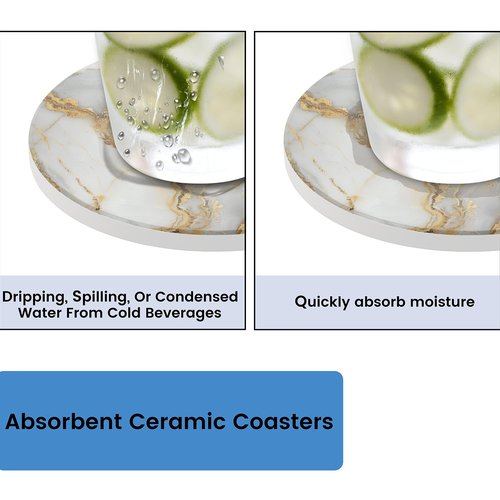 Eizlang Marble Coasters for Drinks 1-Piece Absorbing Round Ceramic Stone Coaster with Cork Base Tabletop Protection Mat for Mugs and Cups