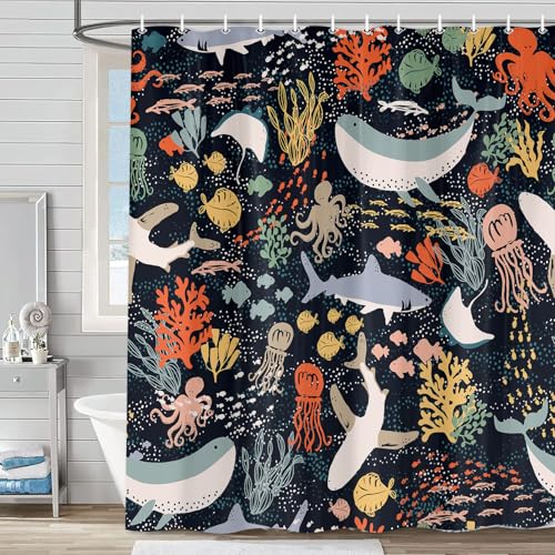 Boho Ocean Shark Shower Curtain - Waterproof Fabric Bathroom Decor 69x70