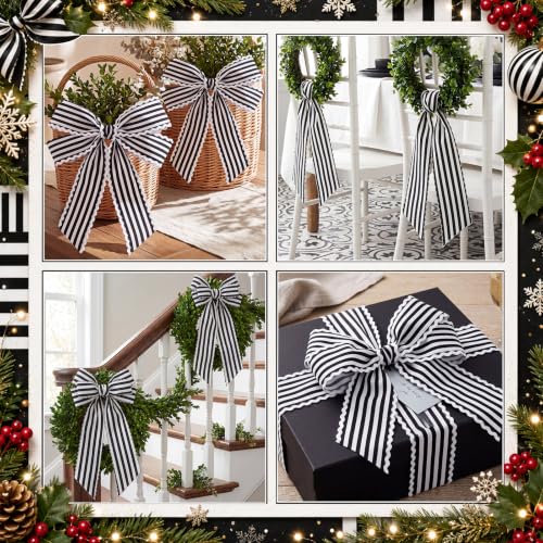 Black and White Striped Wreath Sash 2-Piece Set for Front Door Holiday Decor
