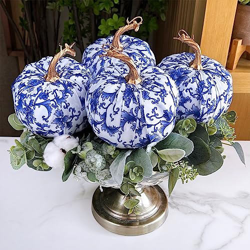 Set of 4 Blue and White Fabric Pumpkins - Chinoiserie Fall Table Decor