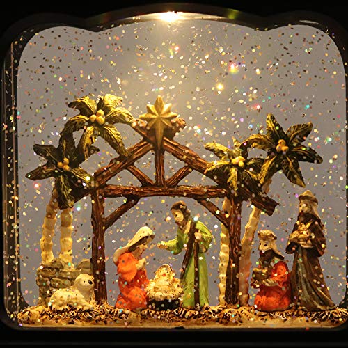 Nativity Musical Lighted Water Lantern - 11" Swirling Glitter Snow Globe
