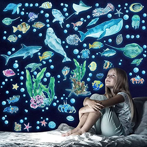 Glow in the Dark Ocean Wall Decals – Watercolor Sea Life Stickers for Kids