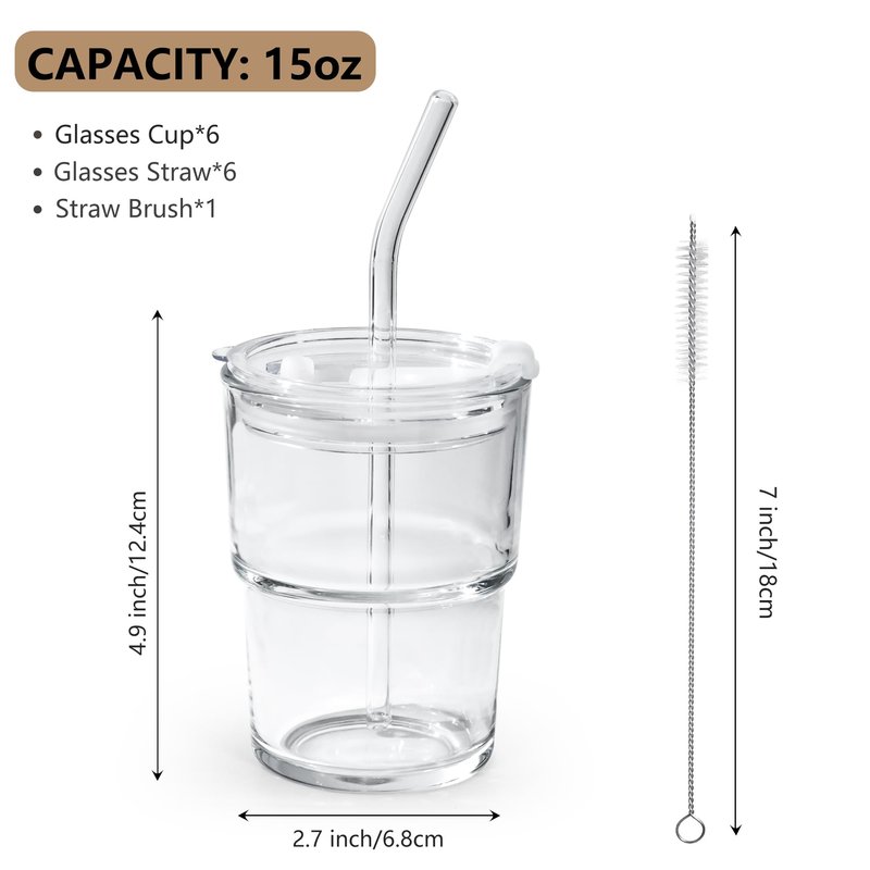 Icesip 15 oz Iced Coffee Cup Set of 6, Matcha Glass Tumbler with Straw and Lid Reusable Clear Thick Wall Matcha Cups for Tea Smoothie Tea Soda Juice Cup