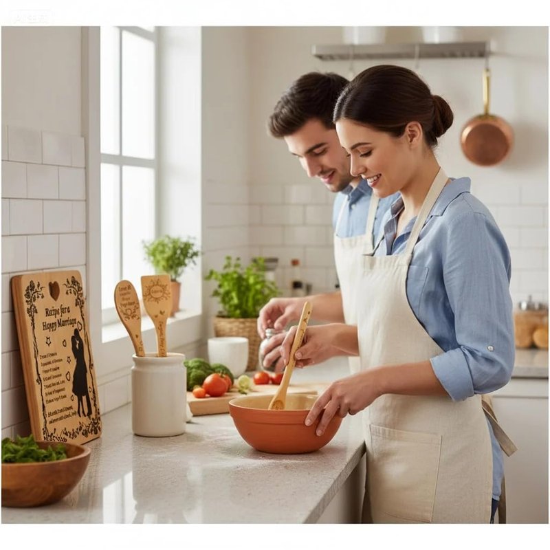 Recipe for a Happy Marriage Gift Set, Bamboo Cutting Board with Engraved Utensils, Unique Wedding, Engagement, Bridal Shower Gift for Couples, Him and Her, Mr and Mrs Newlywed Kitchen Set