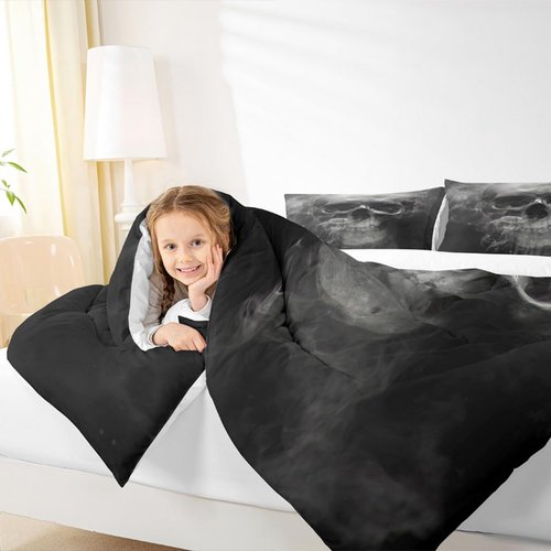 Erosebridal Skull Comforter Set Queen, Halloween Down Comforter, Gothic Fog Smoke Skull Skeleton Quilted Duvet, Grey Bedding Comforters for Young Man Boy Teens, Room Decorative, Soft Duvet Insert