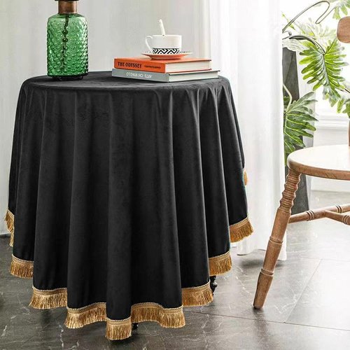 FAIRY KAARI Velvet Tablecloth Luxurious Black Rectangle Table Tablecloth Thickset with Luxurious Gold Tassels Table Cloth for Home Decor Christmas Wedding, Party, Banquet and Events 60X120inch