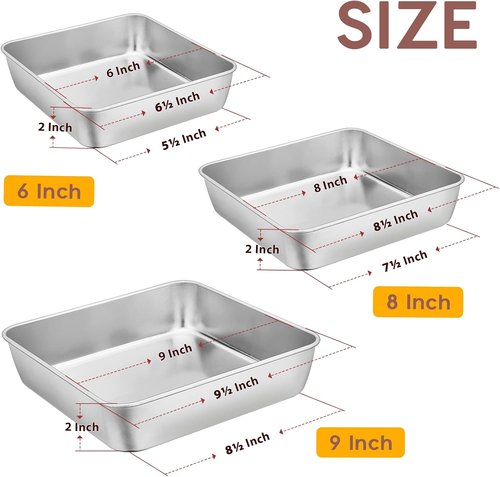 E-far Baking Pans Set - Stainless Steel Rectangle & Square Cake Pans | 3-Piece Set, Dishwasher Safe