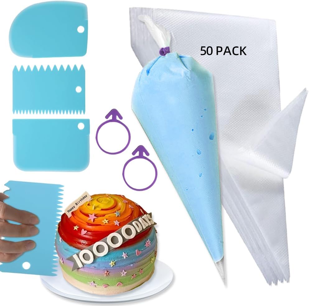 Skiennix Beginner Cake Decorating Kit - 50 Pcs Disposable 12-Inch Piping Bags & 3 Scrapers | Thickened Anti-Burst Design