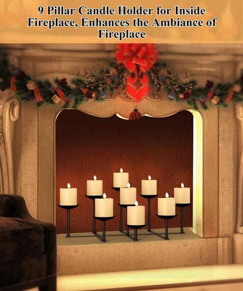 Fireplace Candle Holder - 9 Wax Pillar Plates | Elegant Iron Candelabra for Indoor Decor
