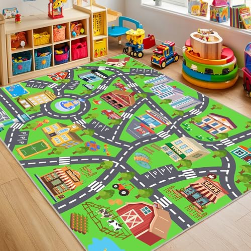4x5ft Kids City Road Play Mat, Non-Slip Faux Wool Washable Area Rug