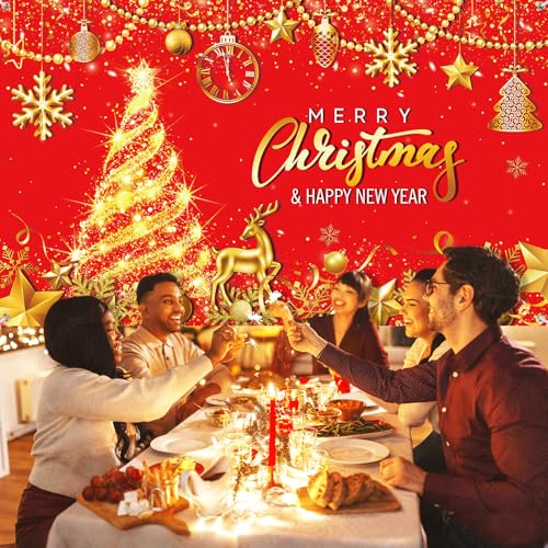 Tiamon Merry Christmas Backdrop 72.8 x 43.3 in Red Gold with White Rope