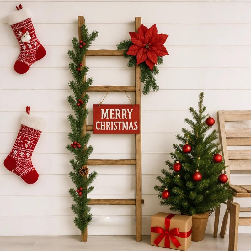 Oujchenghome Blanket Ladder Pre Assembled 76in Wooden Ladder Shelf Living Room Bathroom Bedroom Decorative Wall Leaning Farmhouse Quilt Display Holder Rustic Towel Rack (Brown, 57in（5-Tier）)