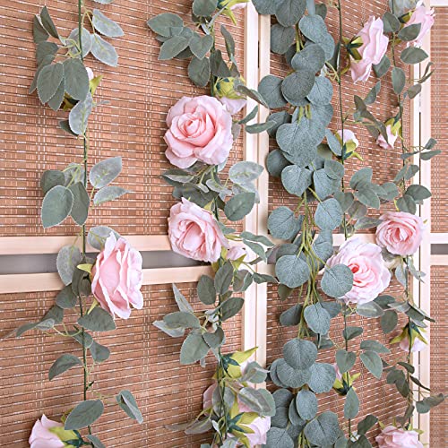 Artificial Pink Rose Vine Garland, 4 Pack 26ft Silk Hanging Flowers