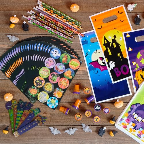 JOYIN 144 Pieces 24 Pack Assorted Halloween Themed Stationery Kids Gift Set Trick Treat Prize Party Favor Toy Including Halloween Pencils, Rulers, Stickers, Stamps and Erasers in Trick or Treat Bags