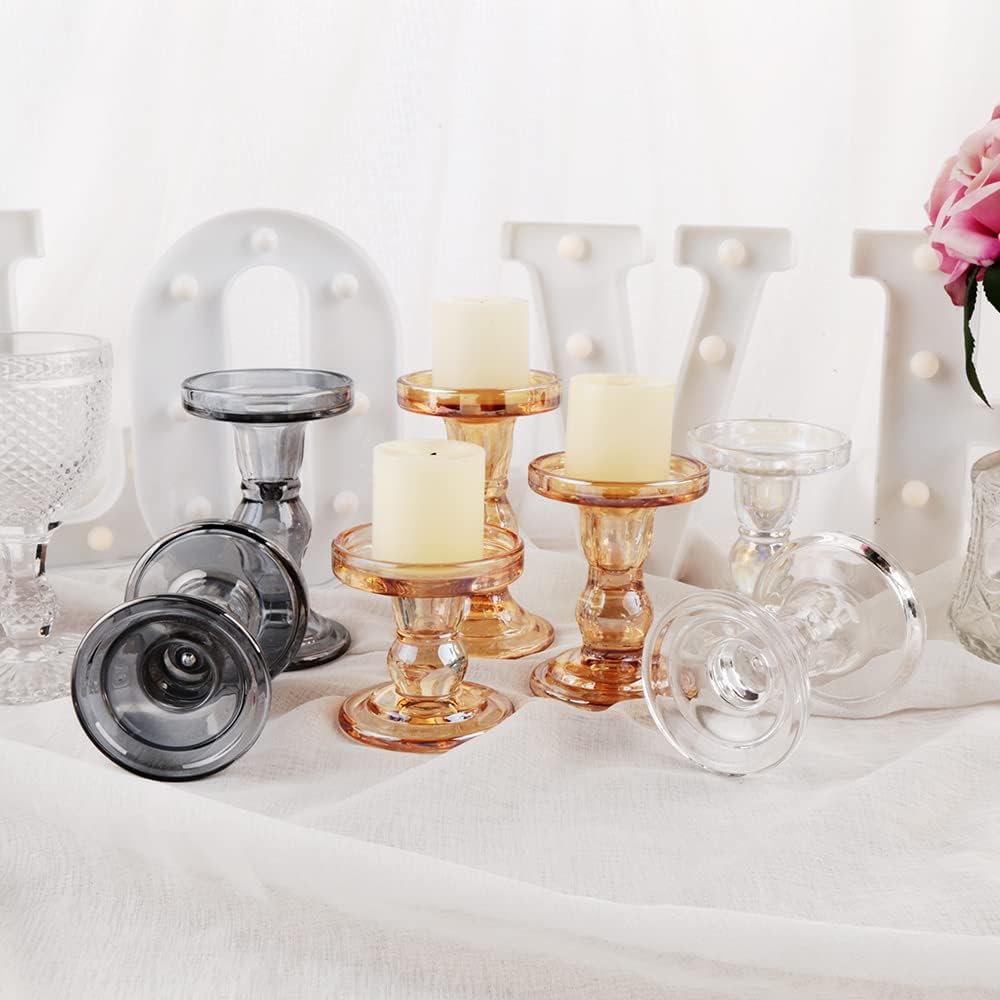 Skiennix Glass Candlestick Set - Elegant Crystal Candle Holders for Weddings & Home Decor | Clear, 3 Pieces