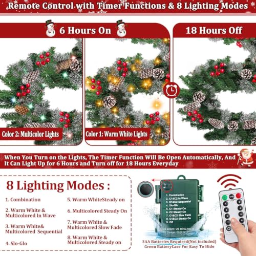 Camlinbo 18 Ft Prelit Snowy Pine Garland with Remote, 100 Warm White & Multicolor LEDs, 8 Modes, Timer, 352 Tips