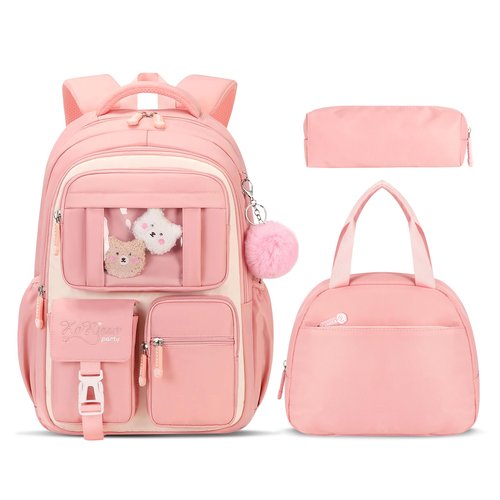 Amythe Girls Backpack with Lunch Box 3Pcs, Kawaii School Bag Set for Kid Elementary Middle School, Multi-Pocket Cute Laptop Bookbag Lightweight, Pink