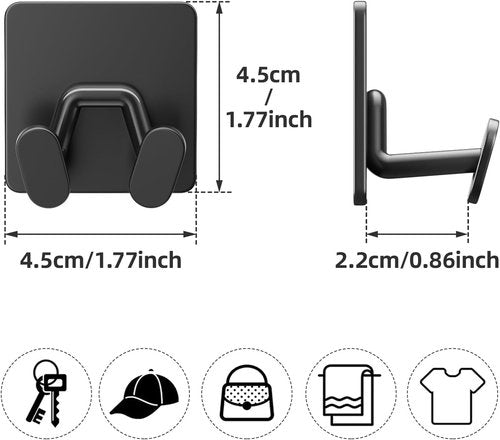 Adhesive Shower Hooks - Extra Sticky Stainless Steel Double Hooks for Razor, Loofah, Towel | Matt Black, 4-Pack