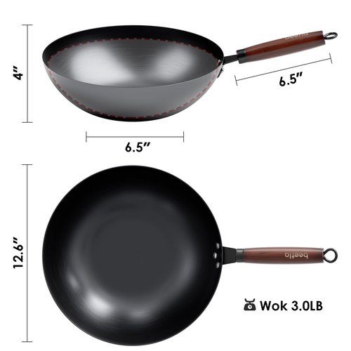 BEETLA Steel Wok Pan, 11.8-inch/12.6-inch/13.4-inch Stir Fry Pans Chinese Wok Flat bottom Iron wok for Induction, Electric, Gas, Halogen All Stoves Ideal for Stovetop Cooking (12.6-inch)