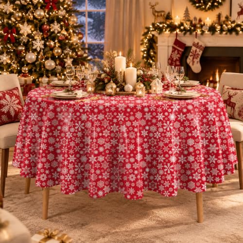 Red Snowflake Disposable Round Plastic Tablecloth 84 Inch - Pack of 10 for Christmas Parties