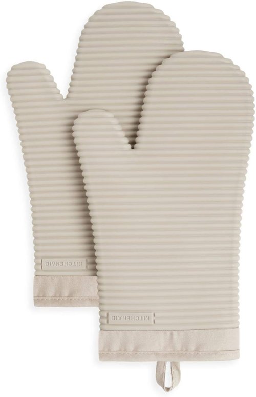 KitchenAid Ribbed Soft Silicone Oven Mitts - 2-Pack Set, 7.5"x13", Milkshake Color