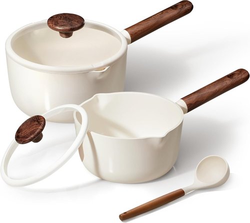 CAROTE Ceramic Nonstick Saucepan Set - 2QT & 3QT with Lid & Ladle | Easy to Clean, Induction Compatible, PFAS Free, White