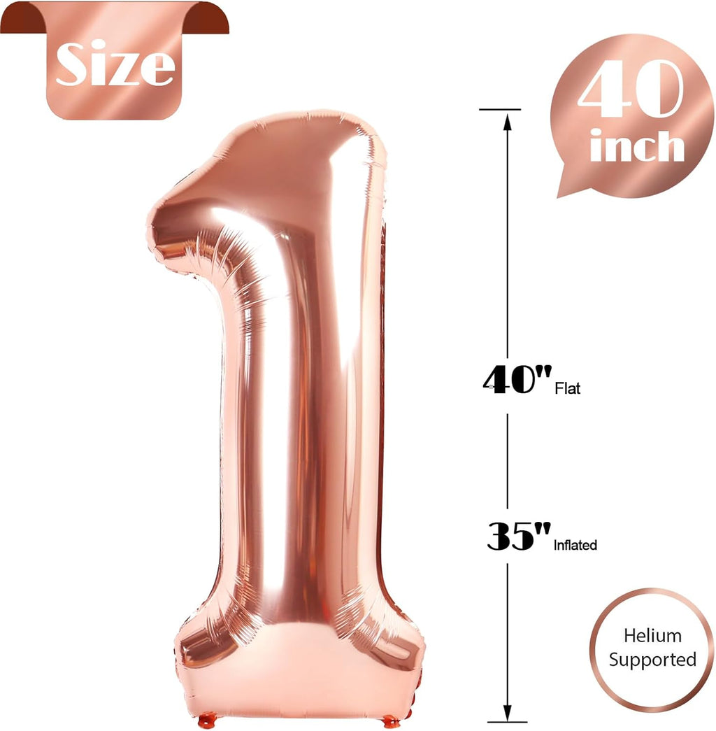 Rose Gold Number 1 Balloon - 40 Inch Shiny First Birthday Decoration for Boys & Girls
