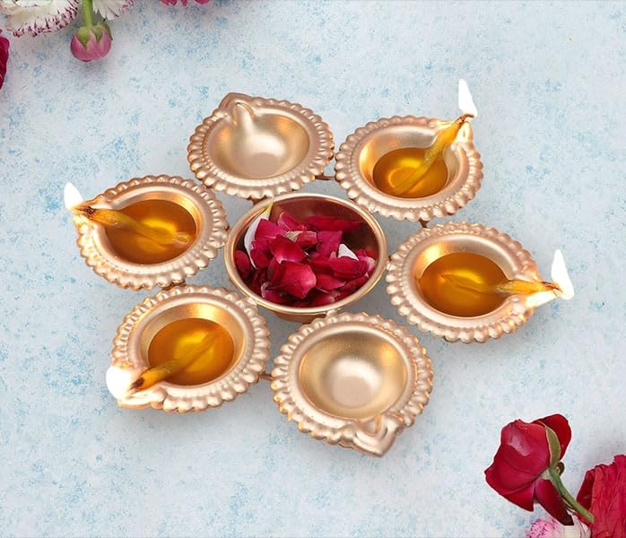 Handcrafted Decorative Urli Bowl with Diya - Small Metal Floating Flower Bowl for Home Decor