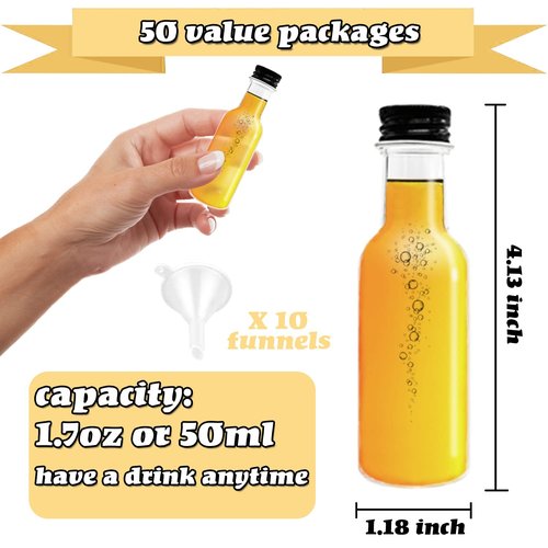 Mini Liquor Bottles,50 Pack Empty Spirit Bottles with Black Screw Cap,1.7oz Reusable Plastic Alcohol Shot Bottle with 10 Funnels for Baby Shower,Party,Weddings