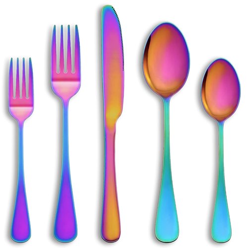 40 Pcs Rainbow Silverware Set Service for 8,Stainless Steel Flatware Serving Sets,Kitchen Tableware Set,Utensil Set for Home and Restaurant,Knives Forks Spoons Set,Mirror Polished,Dishwasher Safe