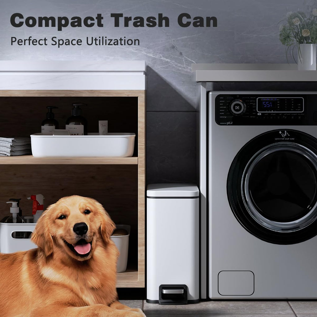 Regine Switzerland Slim Bathroom Trash Can - 1.6 Gallon Stainless Steel with Soft Close Lid & Removable Inner Bucket
