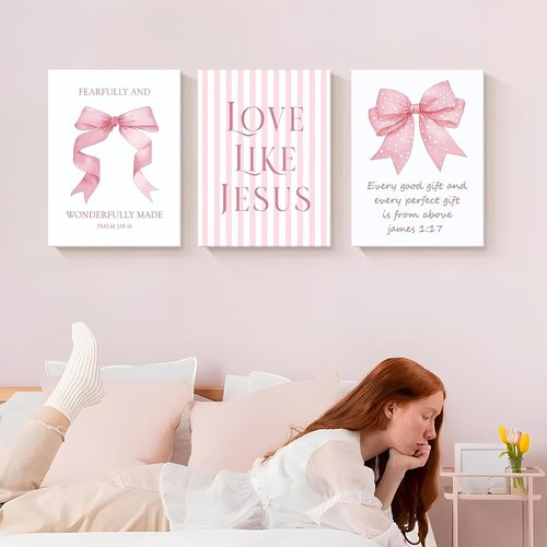 Dytila 3 Piece Pink Bows Wall Art - Cute Bible Verse Decor for Girls' Room | 12x16 Inch Dorm Artwork