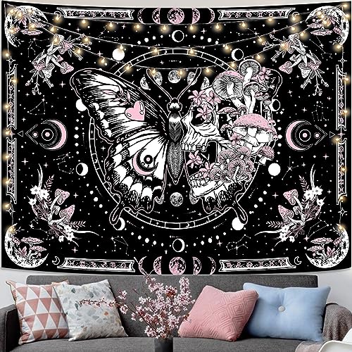 Pink Skeleton Butterfly & Mushroom Tapestry - Aesthetic Wall Hanging (48" x 36")