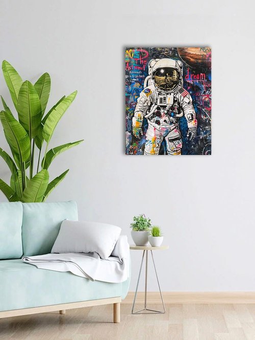 Ypxzzj Banksy Framed Graffiti Astronaut Canvas Wall Art Spaceman Posters Prints Pictures Wall Decor Modern Abstract Street Graffiti Painting Artwork for Living Room Home Decor Ready to Hang(36L" x 24W")