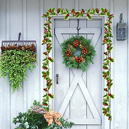 Juegoal 9FT Pre-lit Christmas Garland with Red Berries & Holly, Battery Operated with Timer
