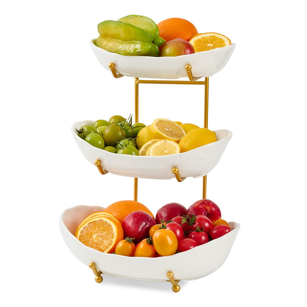 Lifevc Fruit Bowl for Kitchen Counter,3 Tier Fruit Holder with Gold Metal Stand, Tiered Fruit Basket for Fruit Vegetable Storage, Snack, Nuts, Cake, Dessert (White)